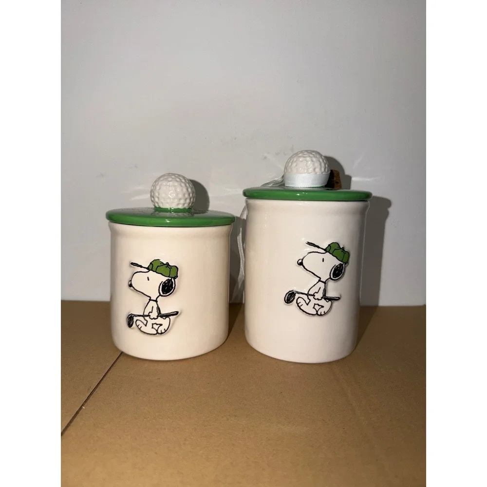 2x Rae Dunn Peanuts Snoopy Golf TEE TIME Canister With Golf Ball Topper